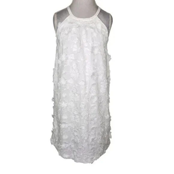 Ann Taylor White High Neck Halter Floral Applique' Mini A Line Dress Size  M/L